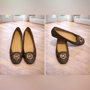 Michael by Michael Kors Brown Logo Ballet Flats with Gold MK Medallion EUC